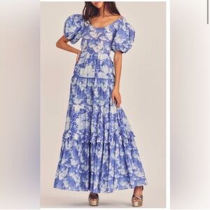 LoveShackFancy karalie blue floral dress in salty seas